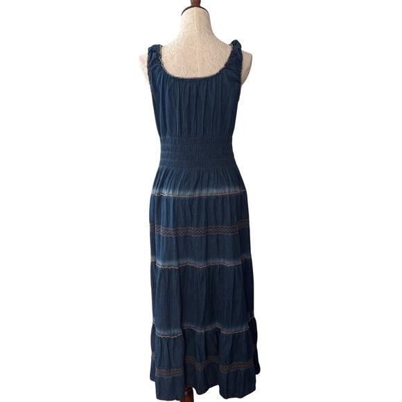 Denim Lapis  smocked maxi dress boho tiered cottagecore prairie L - Picture 2 of 11
